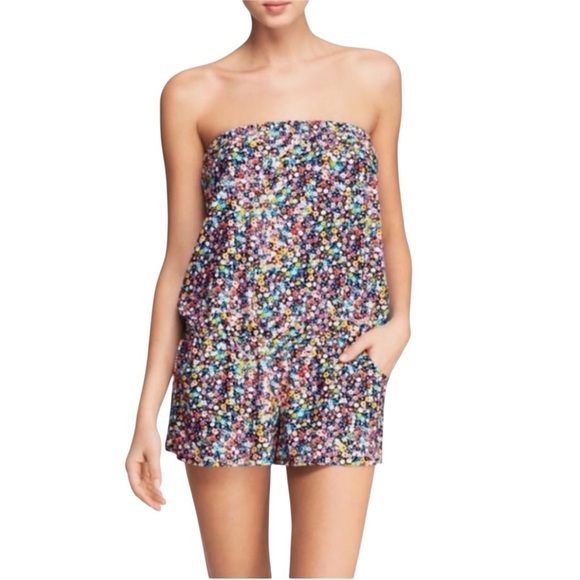 Shoshanna Swimwear Multicolor Floral Strapless Swim Romper Pockets Coverup M NEW - Picture 1 of 7